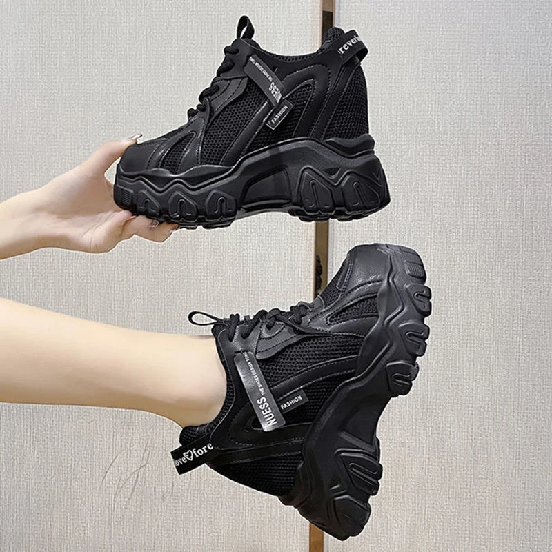 Autumn New High-top Mesh Breathable Dad Shoes With 10CM Increase In Height Thick-soled Casual Sports Vulcanized Shoes For Women
