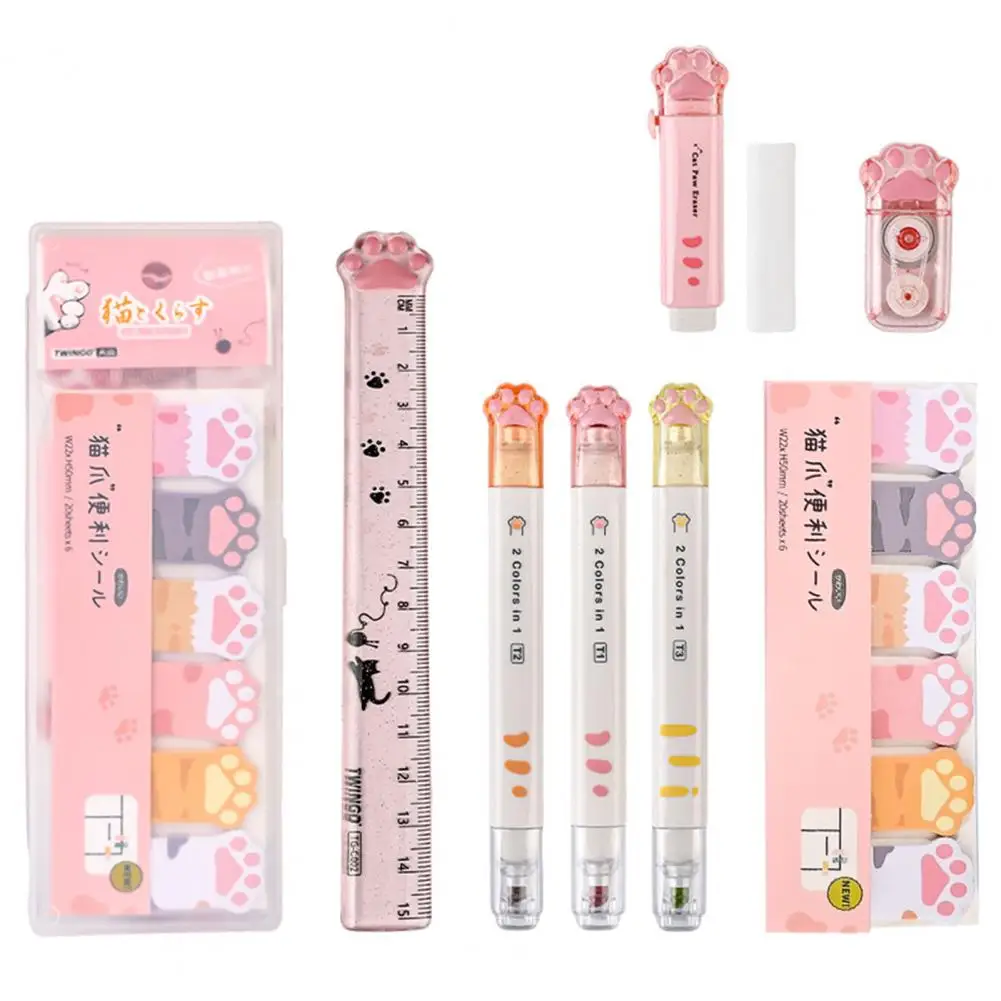 Kit De Papelería Con Forma De Pata De Gato - 6 Piezas: Borrador Retráctil, Sacapuntas, Cinta Correctora - Kawaii Para Niños