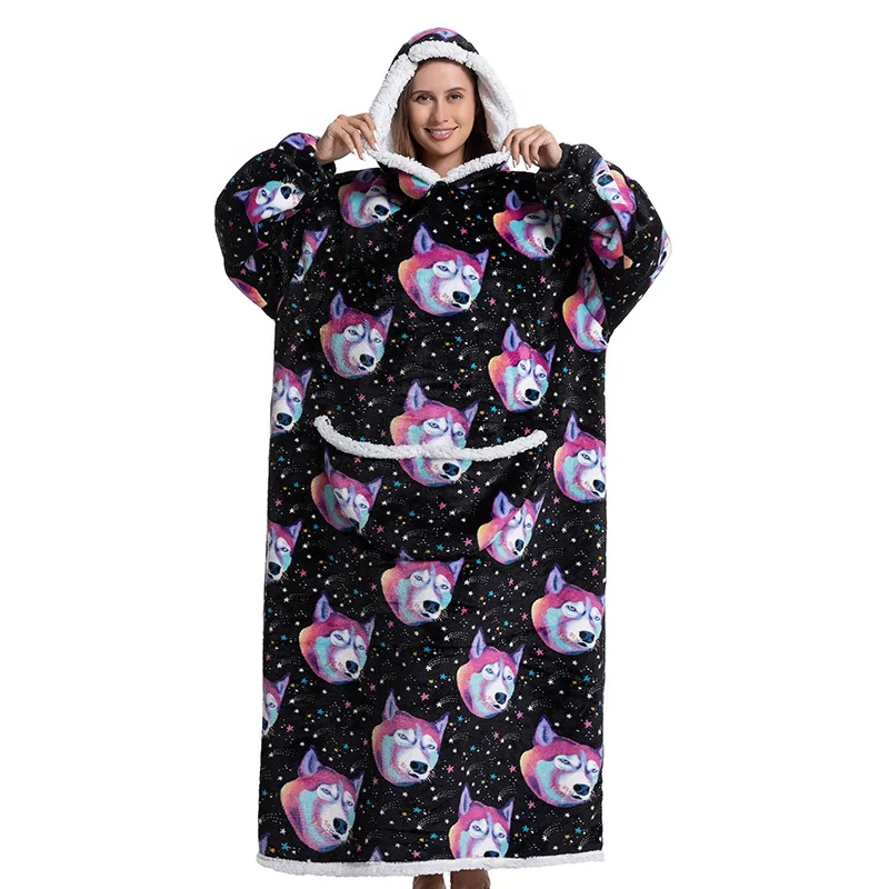 

Long Hoodie Nightgown Flannel Black Dog Print Pullover Winter Hoodies Sweatshirt Giant TV Blanket Sleepwear
