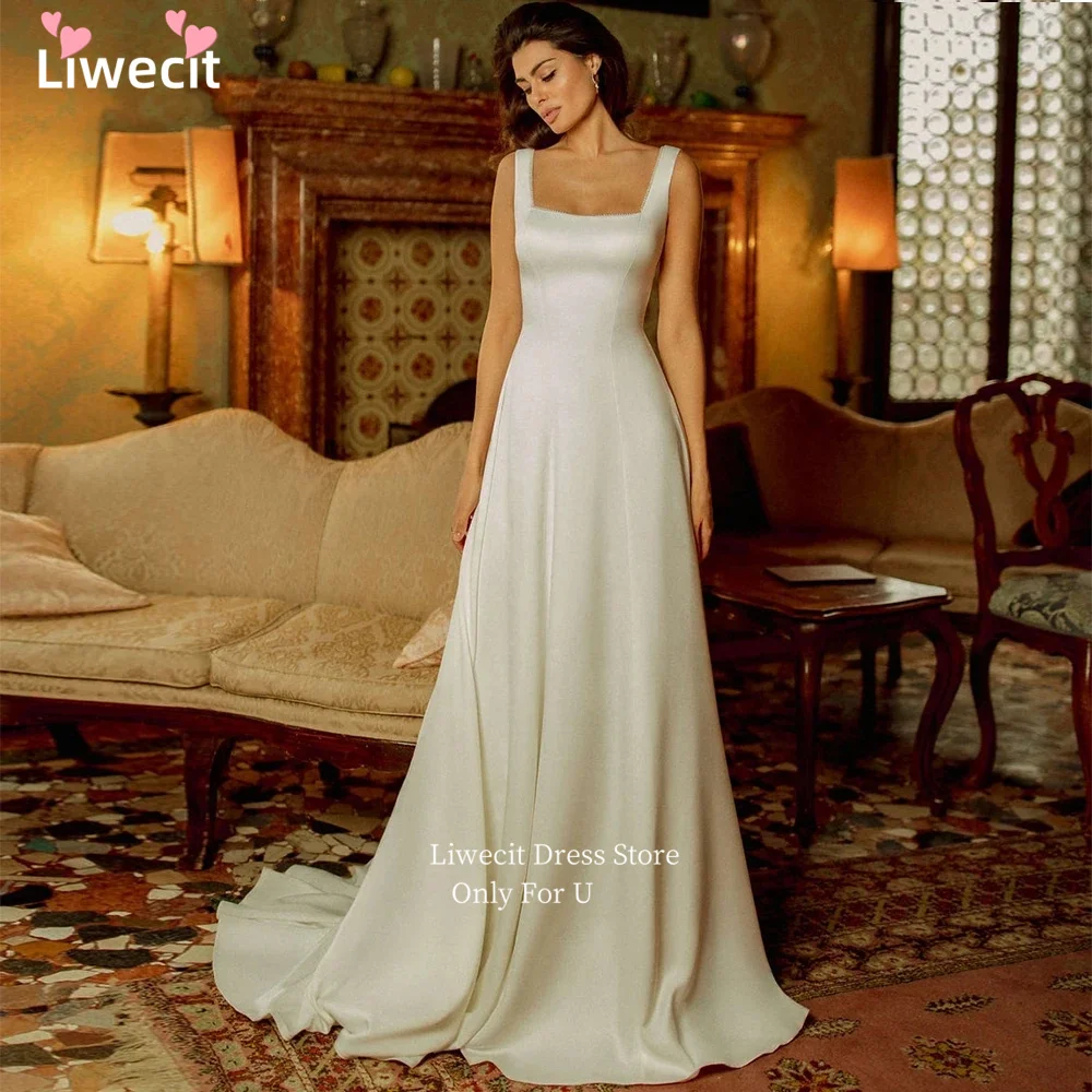 

Liwecit Classic Satin Spaghetti Strap Sleeveless Square Neck Simple Bridal Gown Sexy Backless Short Train Wedding Dress