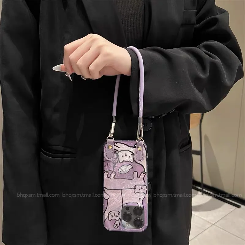 Violet Lazy Cat Dazzle Lustre Lining Phone Case with Lanyard