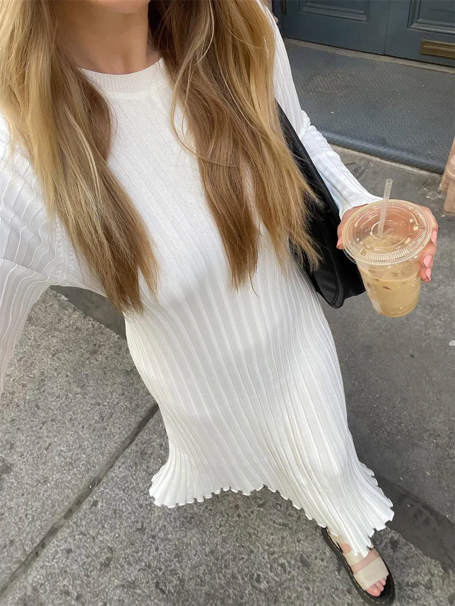 

New Women's Knit Ribbed Long Dress Spring Fall Solid Color Long Sleeve O Neck Wrapped Pencil Dress Casual Streetwear Outfit