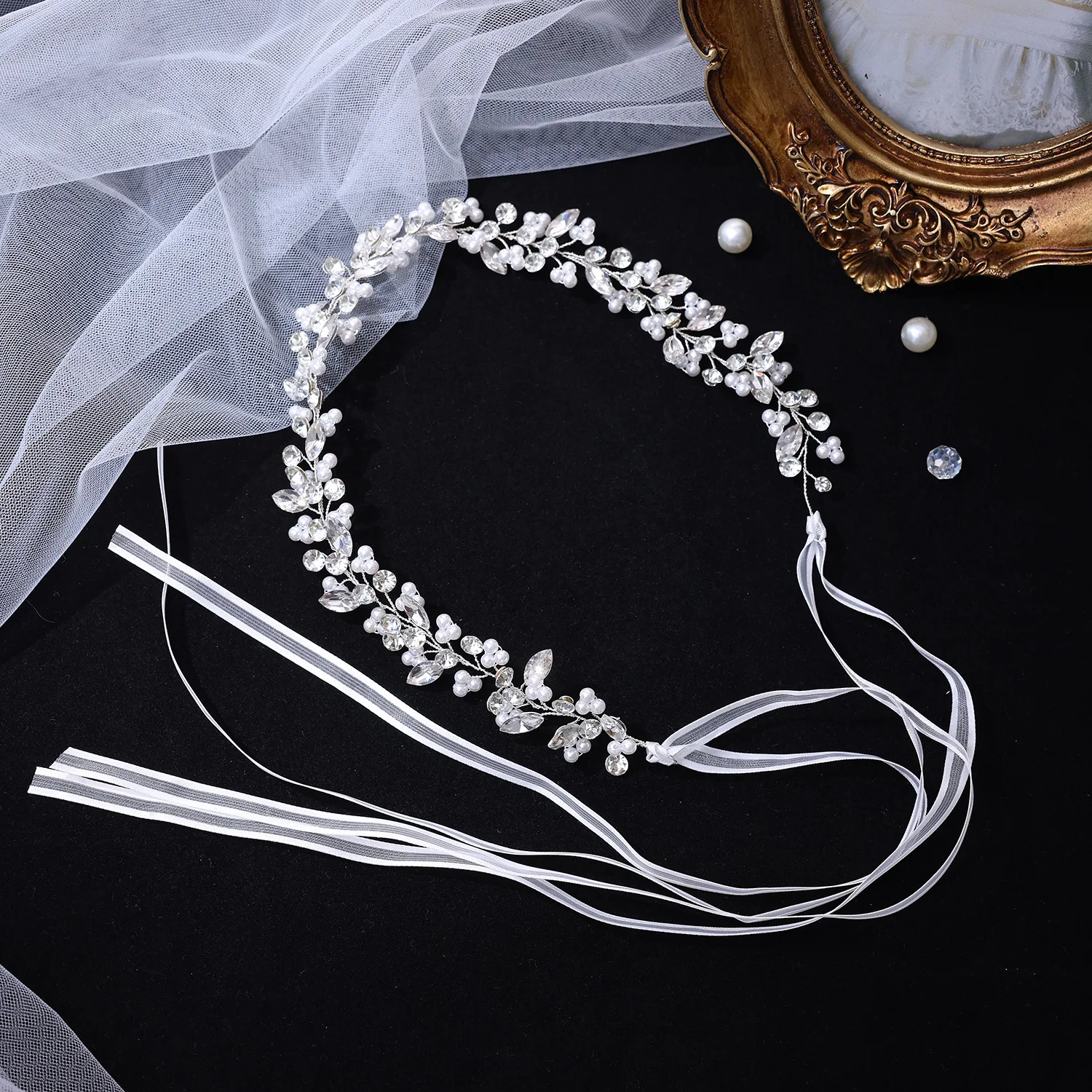 SLBRIDAL 핸드메이드 트렌디 크리스탈 라인스톤 진주 브라이덜 헤어밴드..