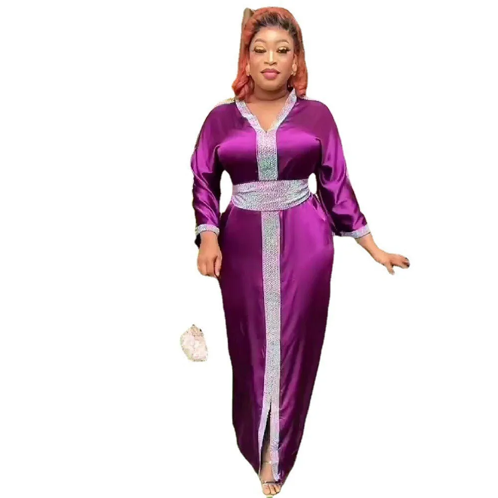 

2023 Summer Fashion Style African Women Long Sleeve V-neck Purple Navy Blue Long Dress Maxi Dress L-2XL African Dresses Women