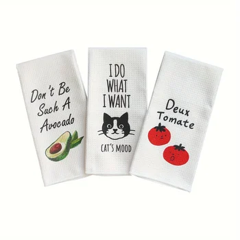 3pcs Cute Pattern Kitchen Tea Towels - 26*18inch/66*46cm,Waffle Weave Microfiber Funny Cat Gifts Dish Towels 1