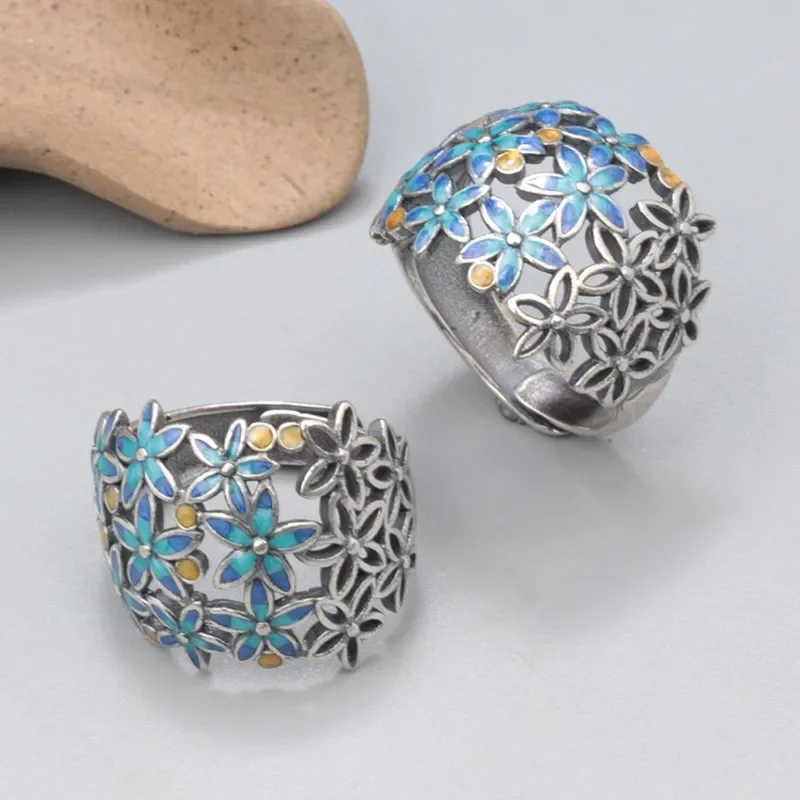 

925 Sterling Silver Small Flower Cluster Hollow Ring For Women Vintage Ethnic Enamel Adjustable Finger Rings Jewelry JZ138