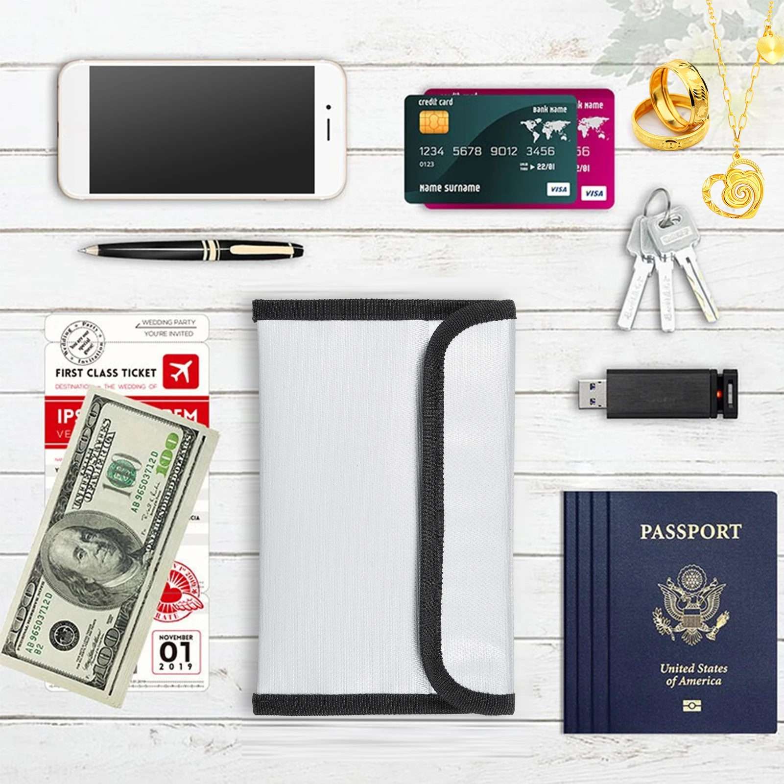 Bisofice Fireproof Document Bag Zipper Closure Cash Safe Storage Waterproof Pouch with Sticky Strip for Certificates Money Cards