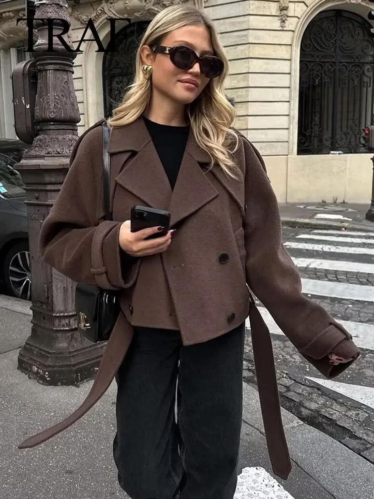 

TRAF 2024 Female Fashion Coats Casual Long Sleeve Lapel Double-breasted With Belt Buttons Solid Brown Loose Street Cropped Coat