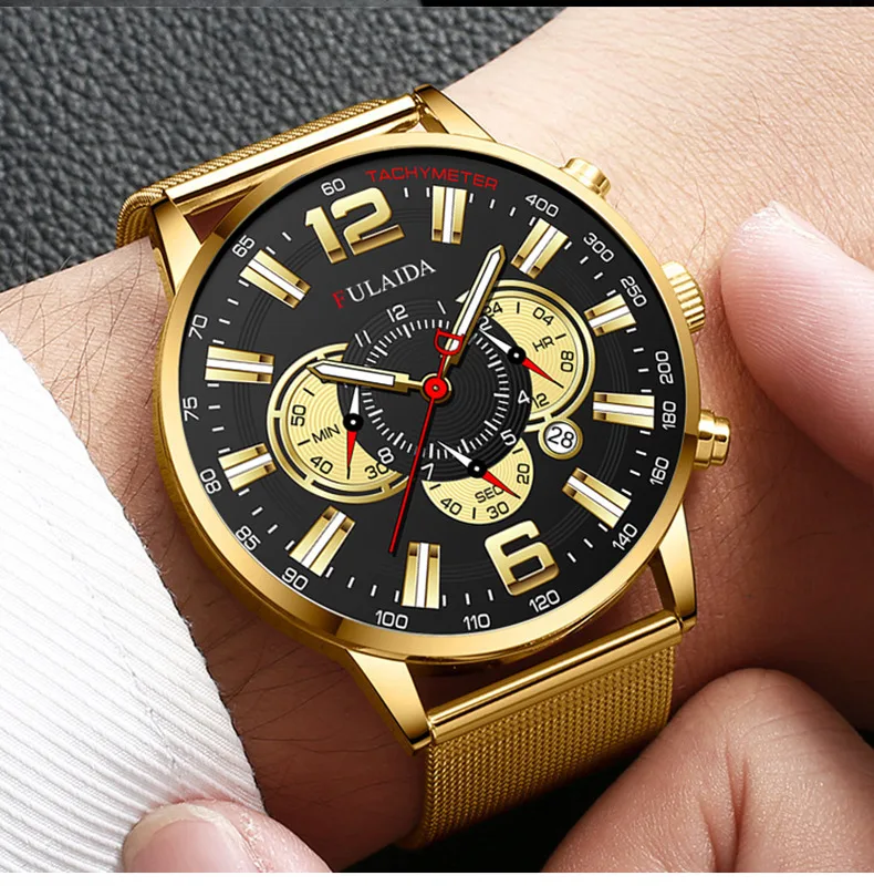 Men's Fashion Business Calendar Watches Luxury Stainless Steel Mesh Belt Analog Quartz Watch Business Luminous Wristwatch Clock