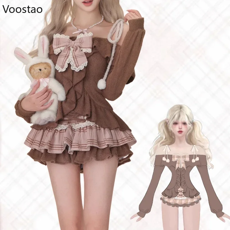 Japanese Sweet Lolita 2 Piece Sets Women Retro Off Shoulder Bow Blouse Tops Plaid Cake Mini Skirt Girls Kawaii Y2k Slim Outfits 4