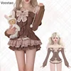 Japanese Sweet Lolita 2 Piece Sets Women Retro Off Shoulder Bow Blouse Tops Plaid Cake Mini Skirt Girls Kawaii Y2k Slim Outfits 4