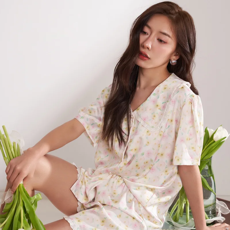 CRLAYDK 2023 Summer Flower Pamas Set for Women Short Sleeve Satin Silk Button Down Sleepwear Bride Soft Pjs Loungewear_voghion.com