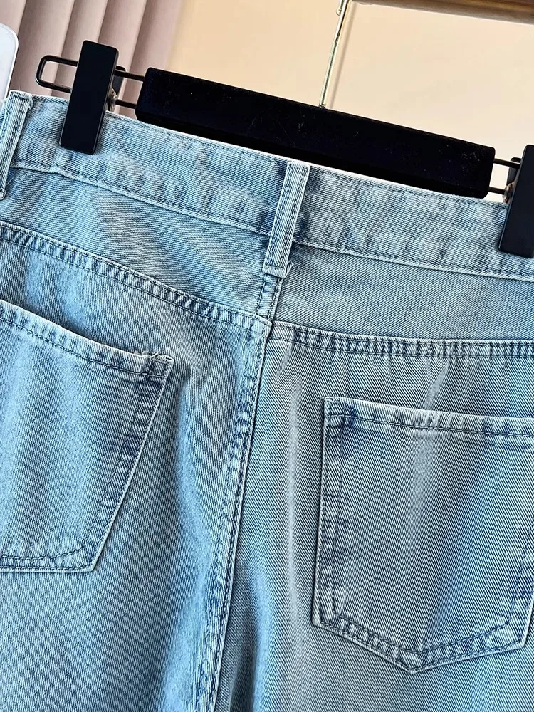 Light Embroidered High Waist Skinny Jeans Women Summer Thin Wide Leg Pants Straight Cut Slimming for Pear aped Body Nine Po...