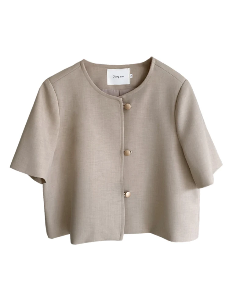 [LANMREM] Minimalism Short Sleeve Blazers For Women Round Neck Single Breasted Office Lady Loose Jackets 2024 Summer New 26D9145