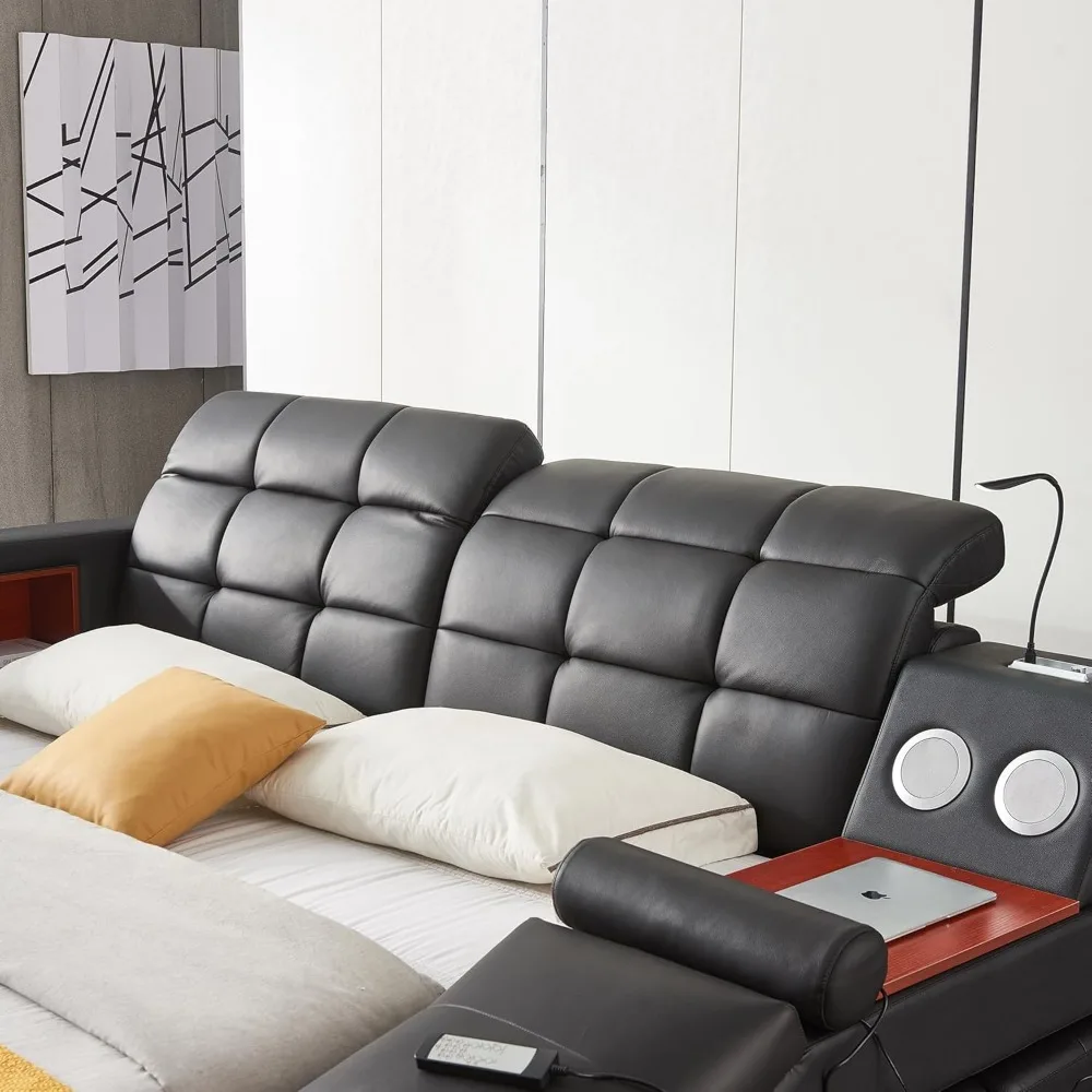 Multifunctional King Bed Frame, Modern Luxury Smart Bed with Massage Recliner on Right/Music Speaker/USB Port/Storage Drawers 5