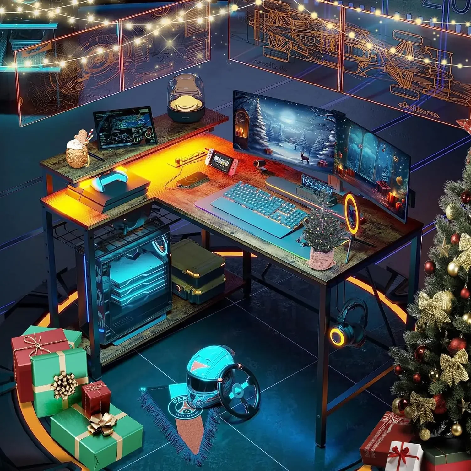 Small Gaming Desk with Power Outlets,42 L Shaped LED Computer Desk with Stand Reversible Shelves,Corner Gamer Desk 2