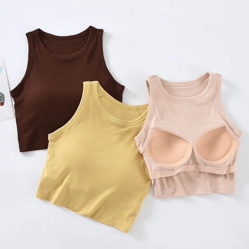 

Women Ribbed Casual Tank Tops With Bra Pad Knitting Solid Crop Tops O-Neck Sleeveless Tops For Women 2024 Summer