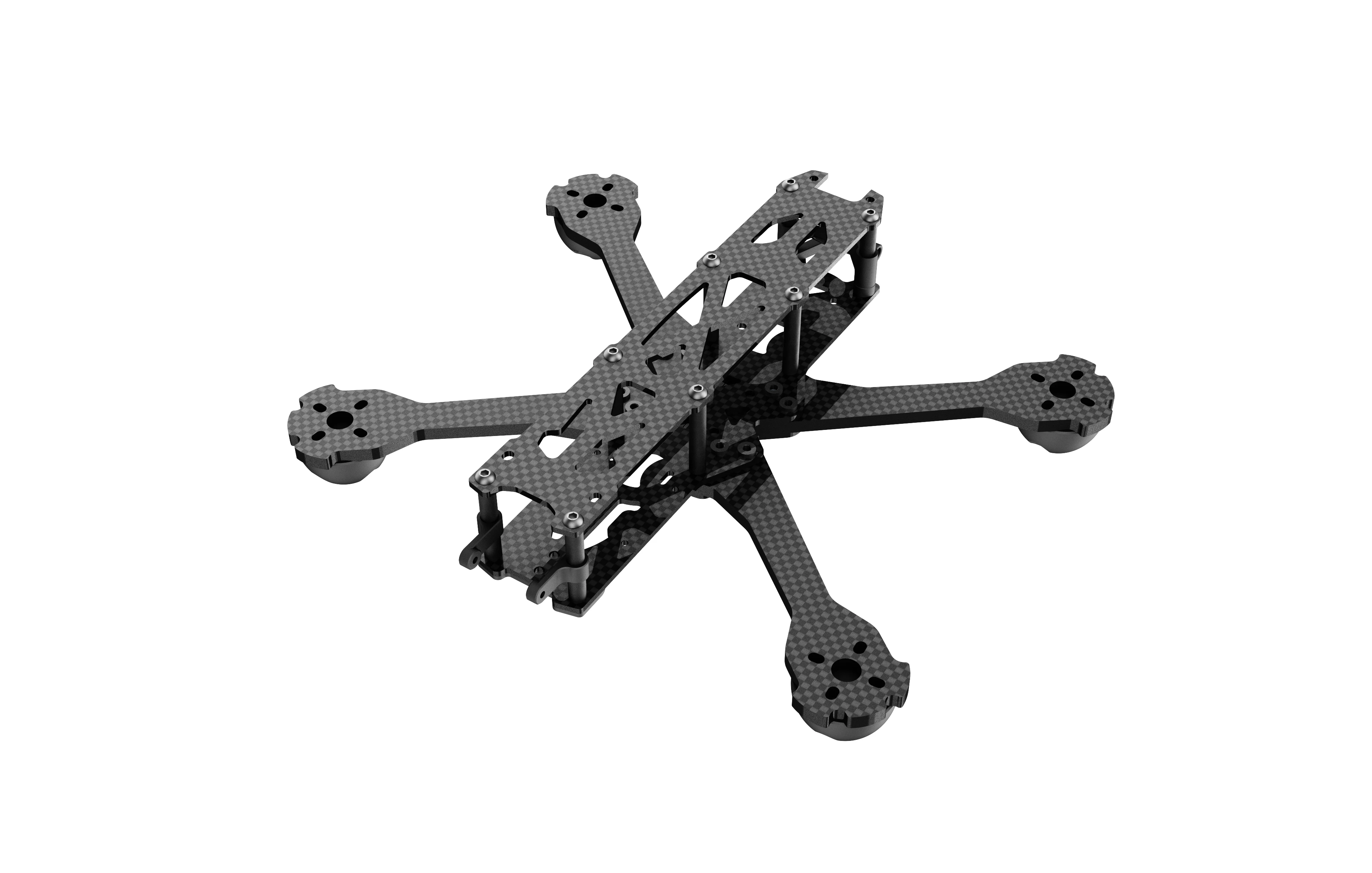 Cadre drone FPV 5 pouces pour course, châssis léger et résistant en fibre de carbone, vue de dessus.