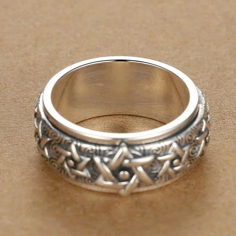 Silver ring Rotatable Silver Ring Men's Retro Creative Domineering Six-pointed Star Wide Version Thai Index Finger Closed Accessory