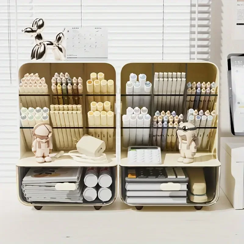 large capacity desk organizer with drawer multi layer pen holder slanted insert storage box for office dorm room supplies portable mold resistant pp material details 1