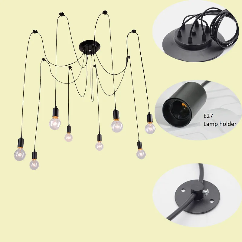 Vintage Retro Industrial Pendant Lamps Black Spider Chandelier E27 Edison bulb DIY Ceiling Light Hanging Lamp adjustable wire 3