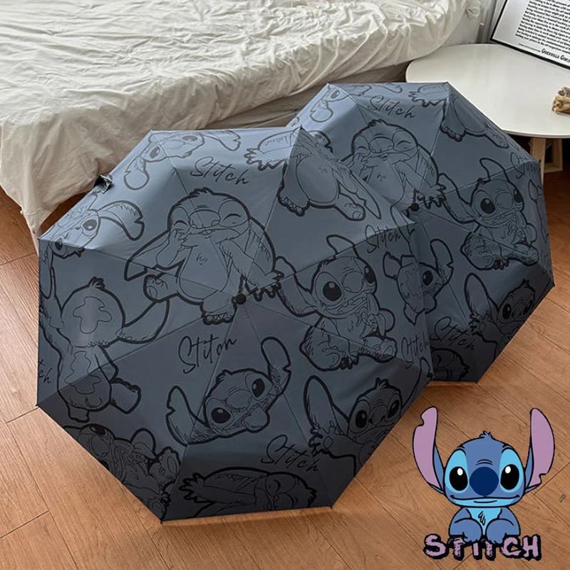디즈니 스티치 자동 우산 블랙 코팅 파라솔, 자외선 차단 3 접이식 방풍 우산, 귀여운 만화 남성 여성 햇빛가리개 