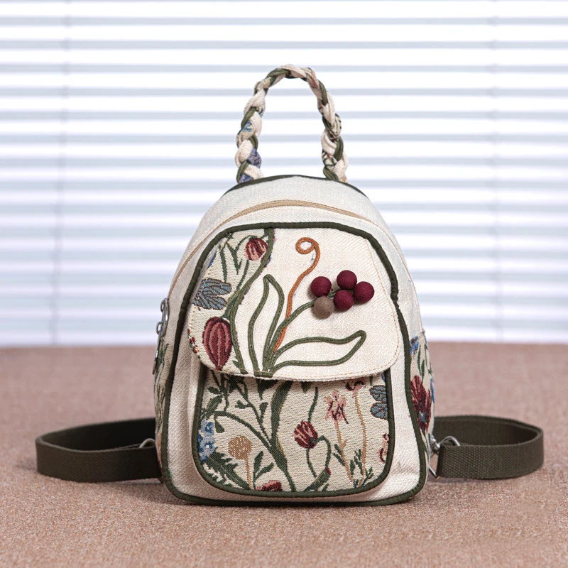 Chinese style backpack single shoulder canvas hand carry multicompartment multi-functional fabric women's bag embroidery process
