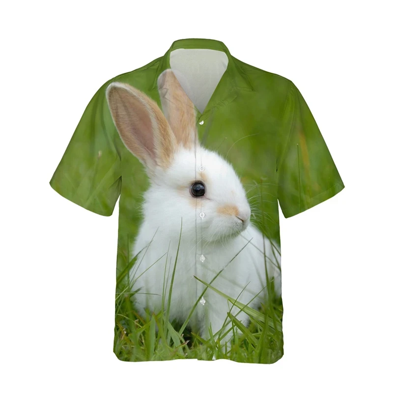 Men's Shirt Cute Cartoon Rabbit 3D Printed Casual Fashion Women Short Sleeves Shirts Button Lapel Tops Oversized Unisex Clothing