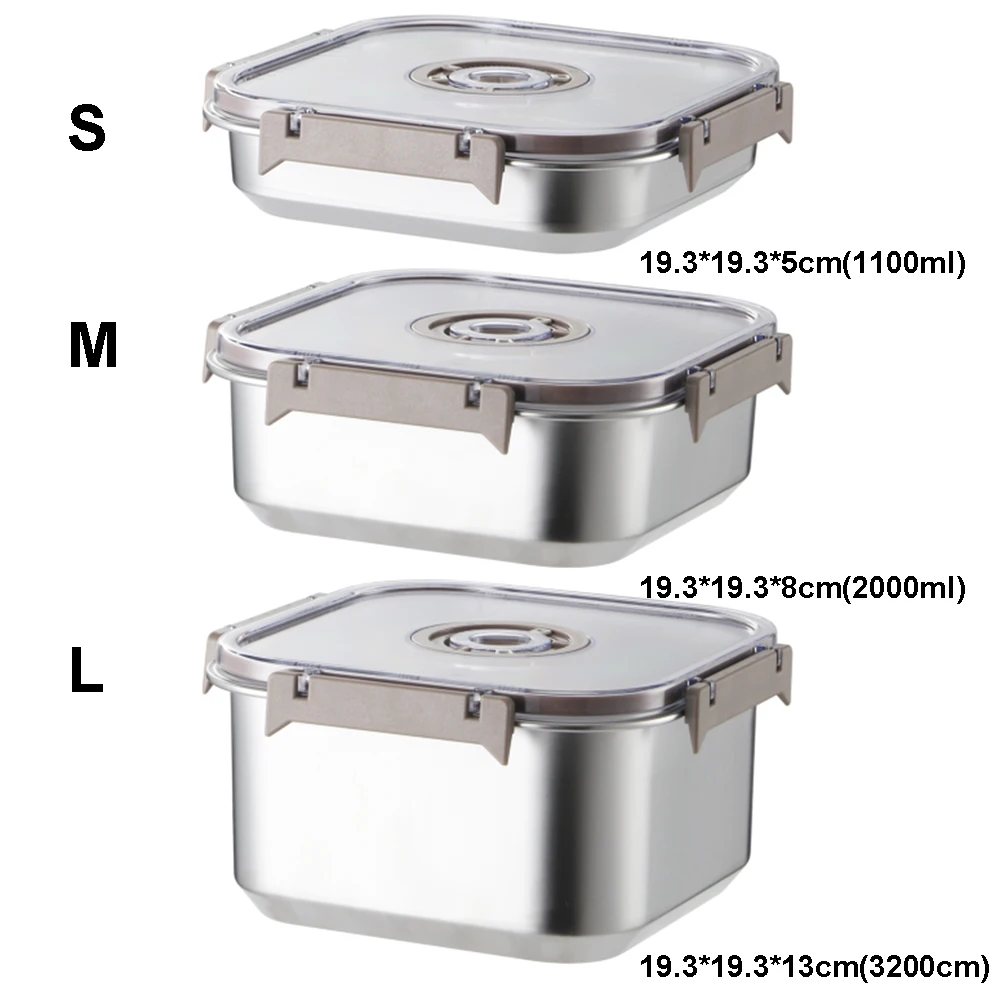 3pcs/Set Middle-sized Square Stainless Steel Food Storage Containers Preservation Box (1100/2000/3200ML)