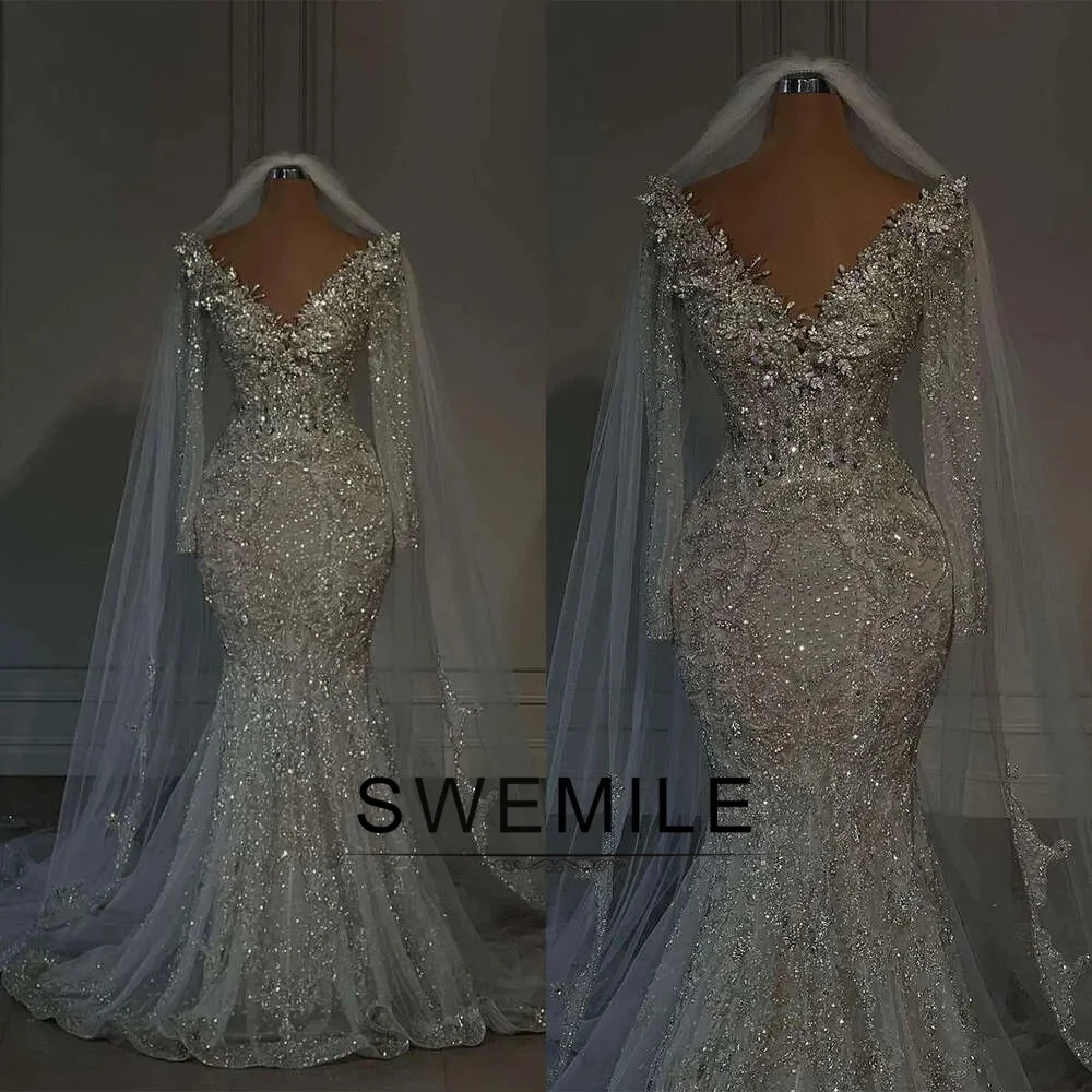 SWEMILE Glitter Beads 2026 Wedding Dresses Full Sleeve Mermaid Bridal Gown Appliques Vestidos De Novia Plus Size Customized