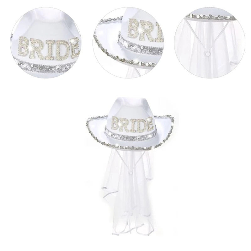 Funny Cowboy Cowgirl Bride Hat with Mesh Veil Rhinestones Bride Letter Wide Brim Hat Bachelorette Wedding Party Props