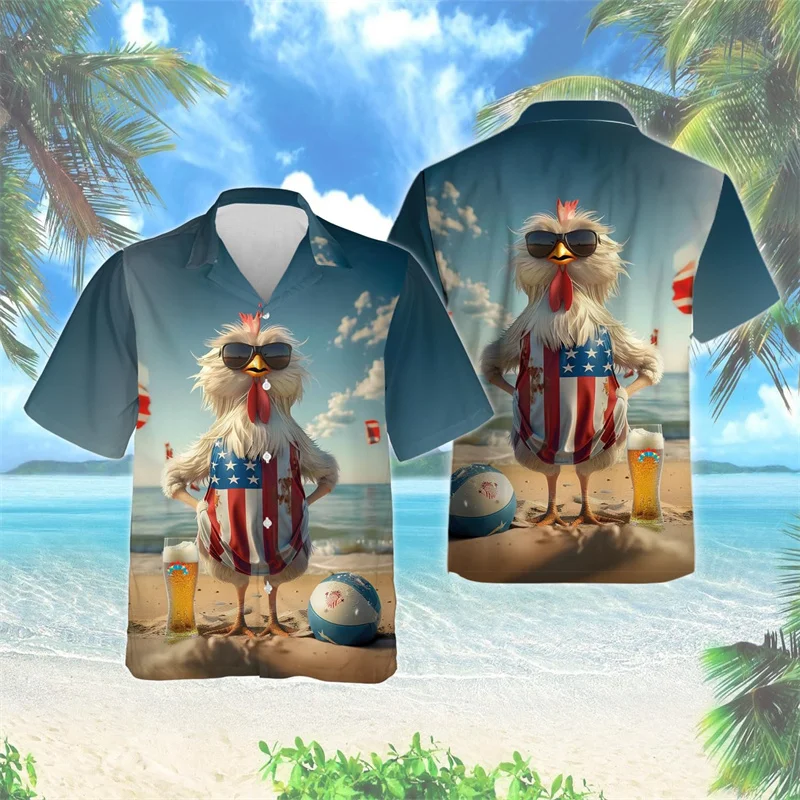 Camisa hawaiana con estampado 3D de gallo de dibujos animados para hombre, divertidas camisas Aloha con estampado de animales, blusas de calle unisex, blusas con solapa, mangas cortas