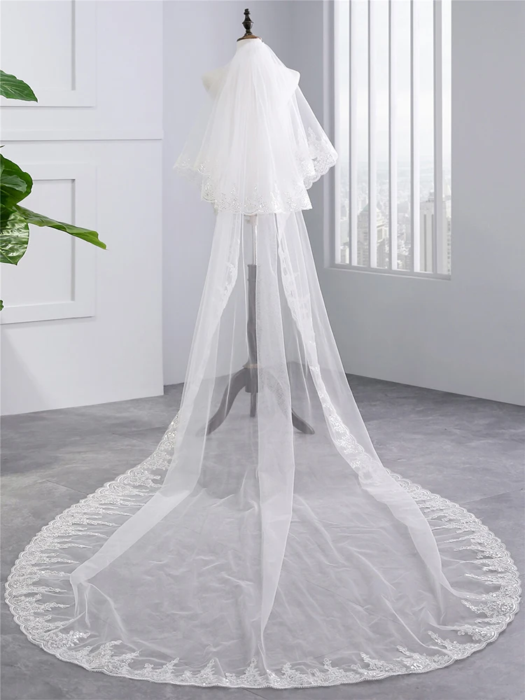 3 Meter 2 Tiers Wedding Veil With sequin Lace Edge White Ivory Long Bridal Veil with Comb Gorgeous Mantilla Cathedral Veil