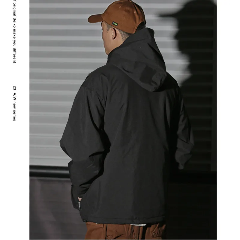 Winter Japanese workwear jacket, outdoor loose jacket, hooded waterproof and warm with fleece for men and womend