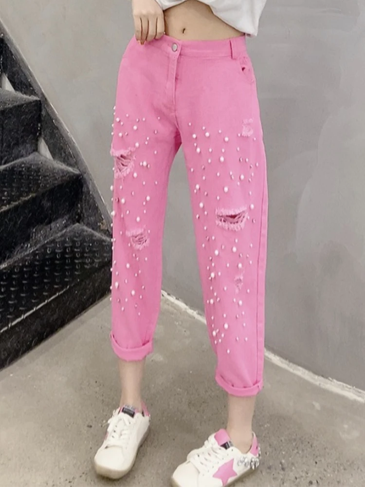 Extra Jeans Pants 2023 Summer New Baggy Harem Trousers Women Fat Sister All-Match Ripped Beaded Casual Pants Female