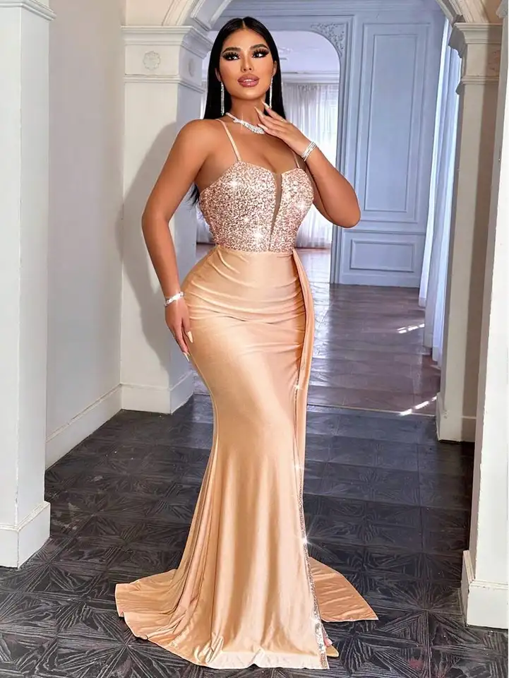 Elegant Sequin Satin Gown with Side Slit