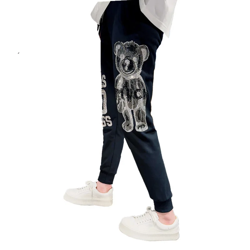 Light Luxury Fashion Rhinestone Bear Spring Autumn Sweatpants Loose Men's Women's Couple Trendy Personal Leisure Trousers