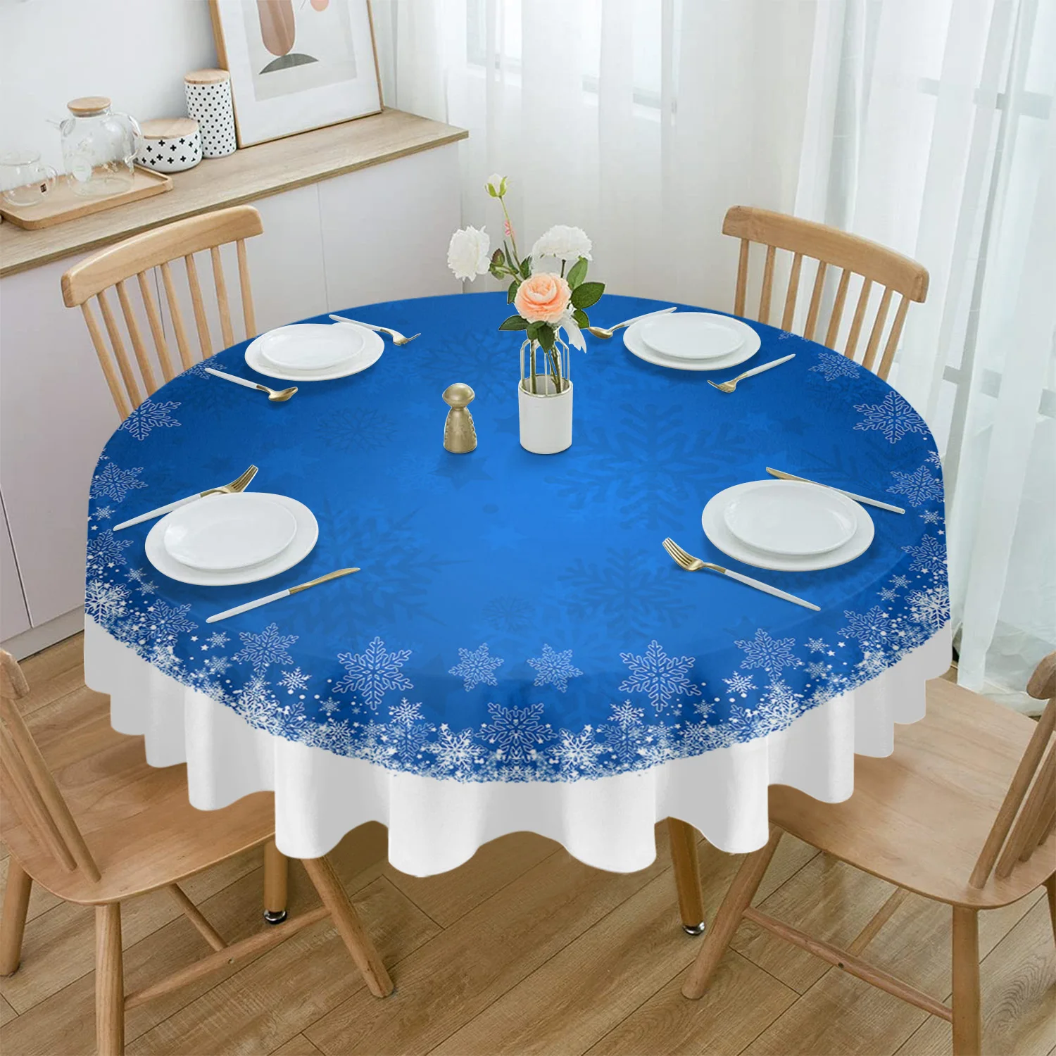 

Christmas Snowflake Blue Round Tablecloth Wedding Hotel Table Cover Holiday Dining Table Waterproof Tablecloth