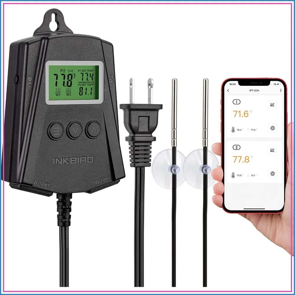 WiFi Heat Mat Reptile Thermostat Controller with 2 Probes & Outlets, IPT-2CH, Max 250W per Outlet