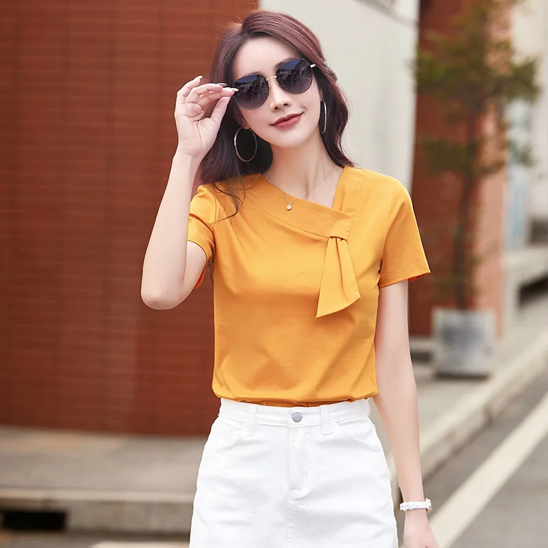 

New 2023 Summer T-shirt Women Short Sleeve Scarf Collar Fashion Solid Color Tshirts Cotton Casual Tops Tees Camisetas Mujer