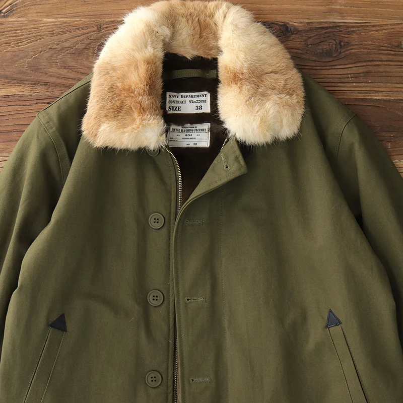 

Зимняя американская Ретро Военная стильная темно-синяя стандартная куртка, мужское утепленное пальто из кроличьего меха с большим меховым воротником и хлопковой подкладкой