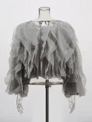 Vintage Patchwork Ruffle Blouse - Elegant Lantern Sleeve O - Neck Women's Fashion Top - L (GRAY)