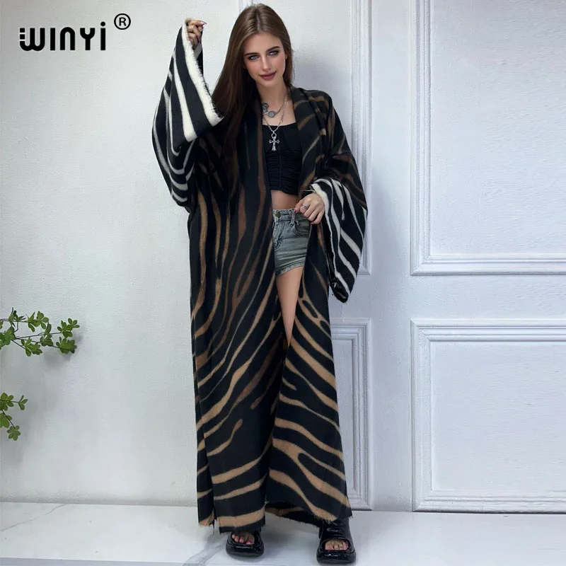 

WINYI 2024 winter cardigan Africa women Geometric line print maxi jacket Warm kimono long down coat Middle East fashion abaya