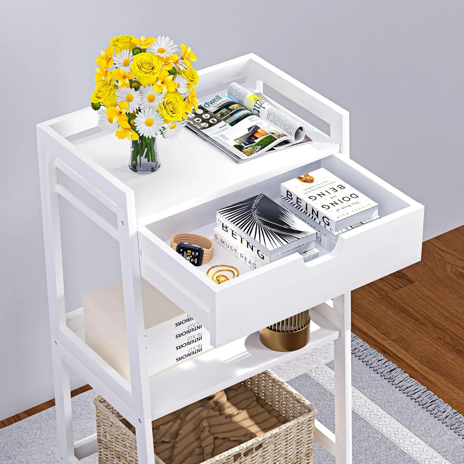 3-Tier Bamboo Shelves with Drawer. Ladder Shelf. Space-Saving. Stylish Nightstand. For Home, Living Room, Kitchen, Office.