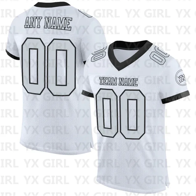 

Custom White Silver-Black Mesh Authentic Football Jersey Personlized Team name and you name number V-Neck Football T-Shirts