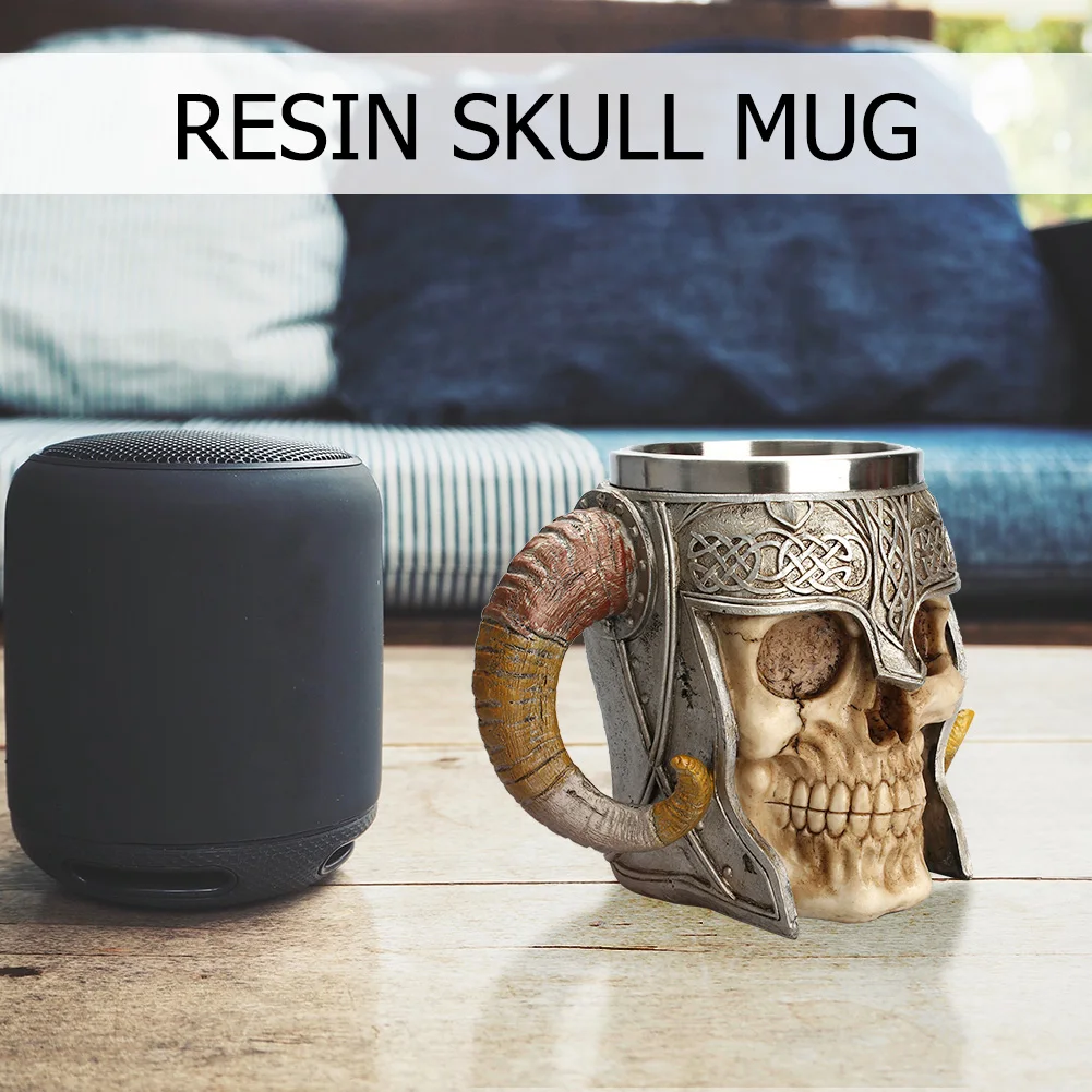 Creative 3D Skull Mug Viking Drinking Cup Resin Stainless Steel Beer Stein Tankard Coffee Mug Tea Cup Halloween Drinkware Gift
