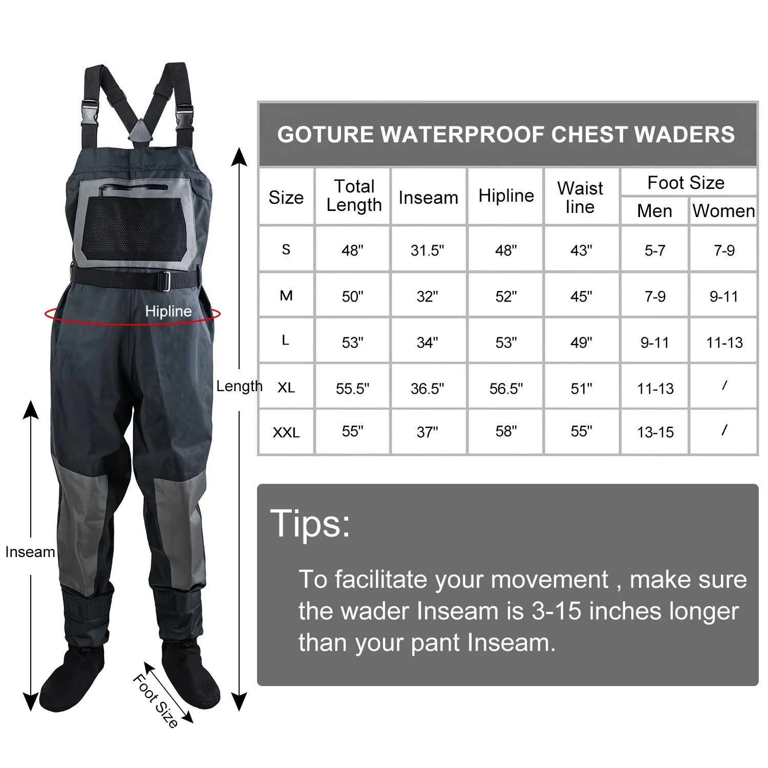 Goture 100% Waterproof Fishing Chest Wader for Men Women Ultra Breathable Lightweight Comfort Stockingfoot Hunting Waders