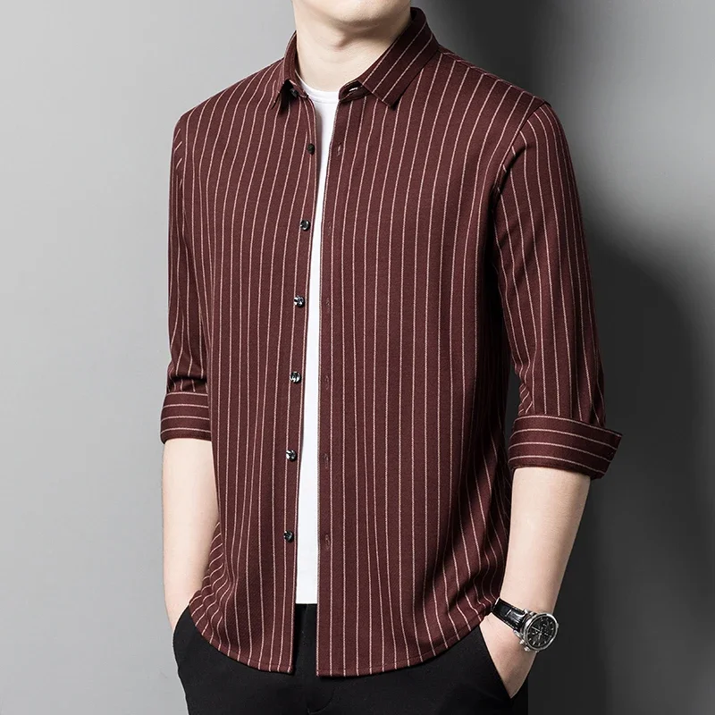 Seamless Wool Spring Autumn Men's Dress Shirts Luxury Striped Long Sleeve Business Casual Single Breasted Male Shirts 4XL