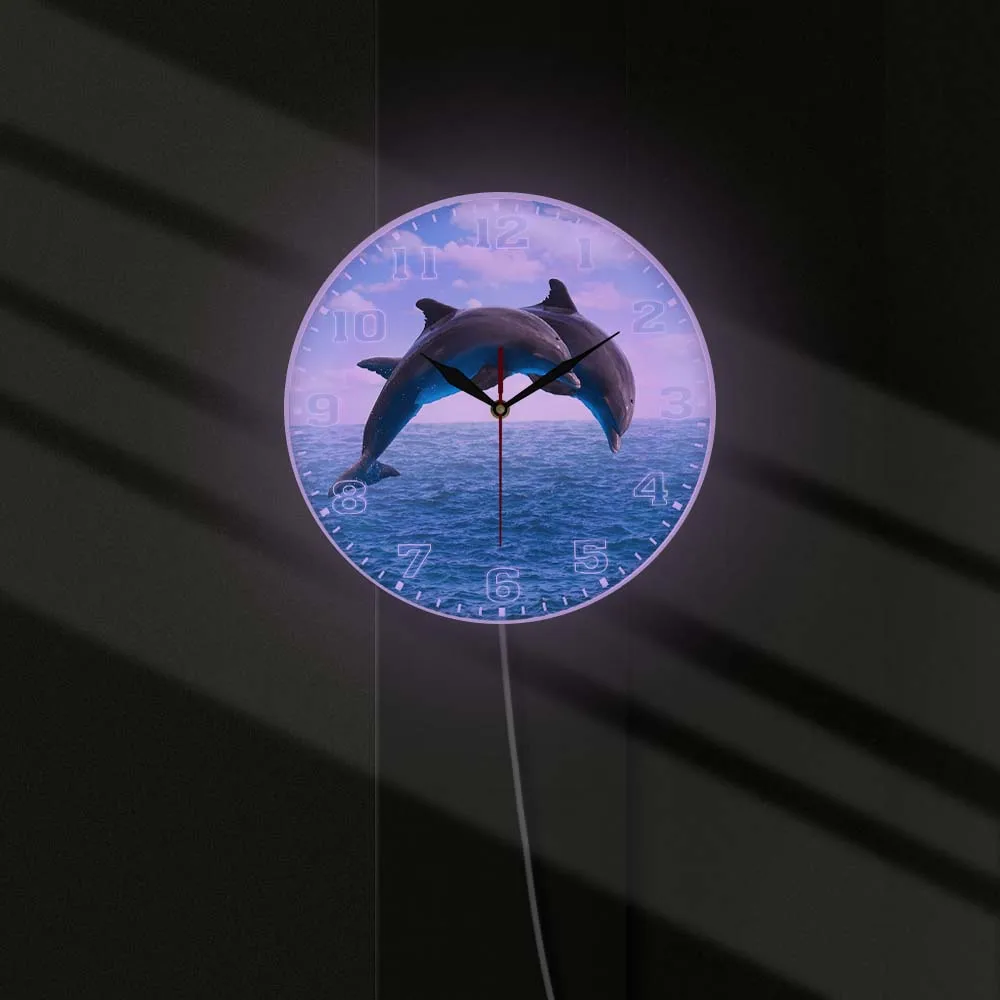 Two Jumping Dolphins Seascape Blue Wall Clock Deep Ocean Waters With Porpoise Silent Movement Wall Watch Sea Animals Wall Art 4