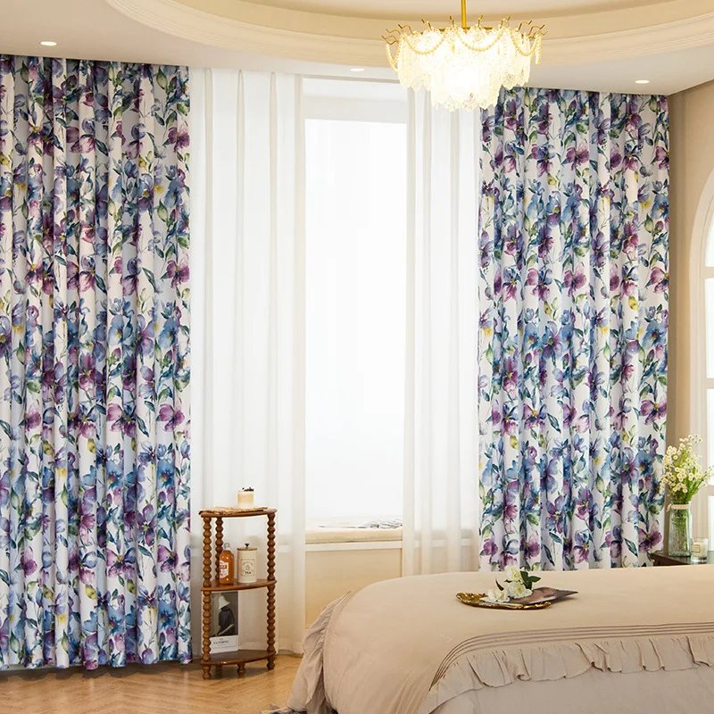 

Pastoral American Country Curtains Thickened White Silk Printing Office Hotel Home Curtains